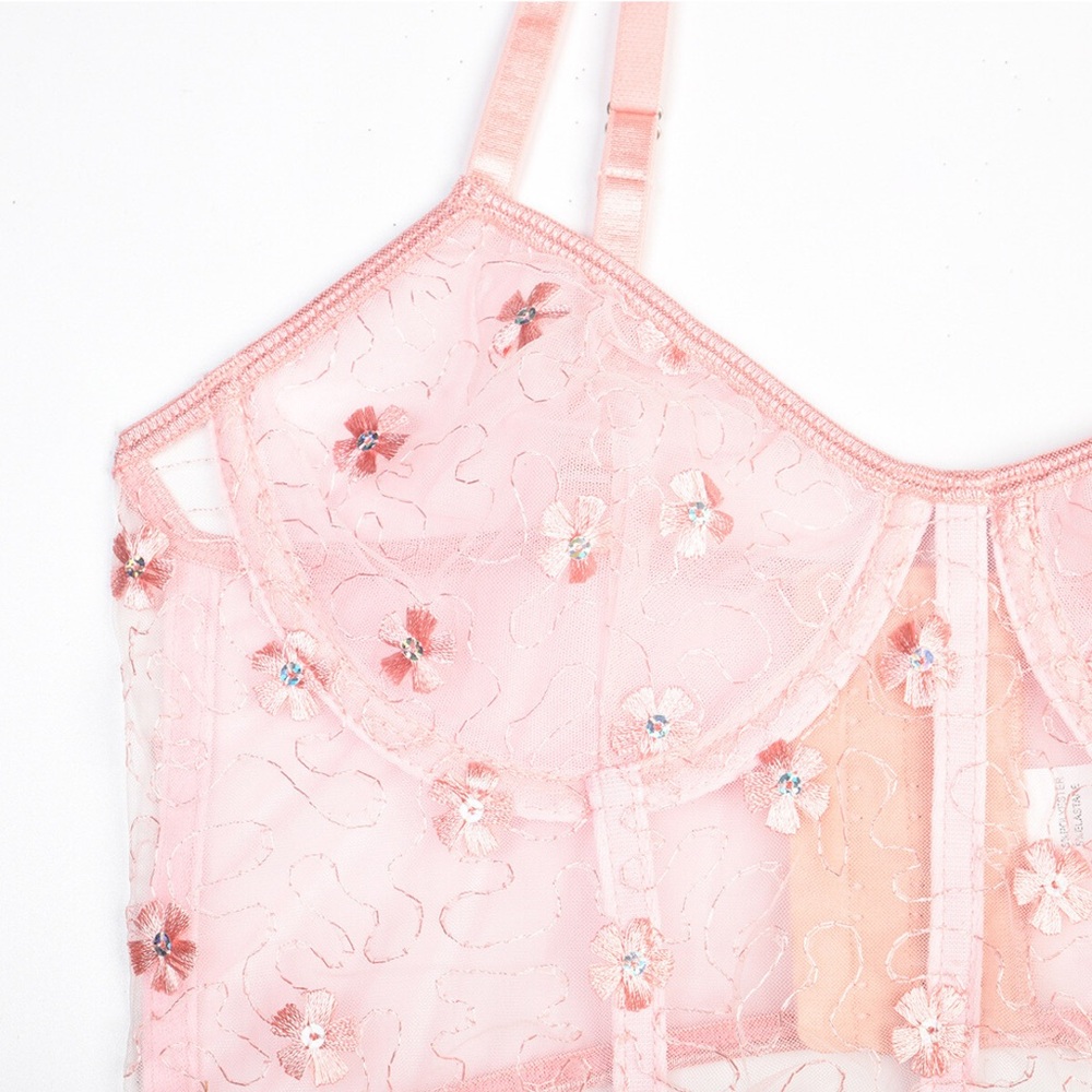 Floral Embroidered Lace Underwire Bralette M Pink Sheer Lingerie Bra Sequin